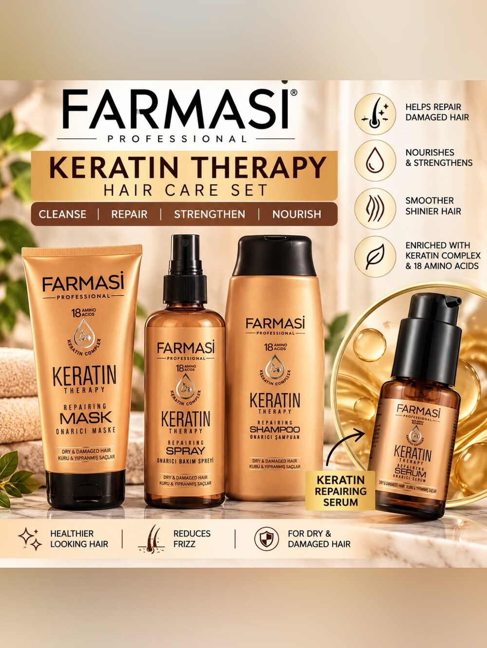 Farmasi Keratin Therapy Hair Care Set – Gold and Black Accents